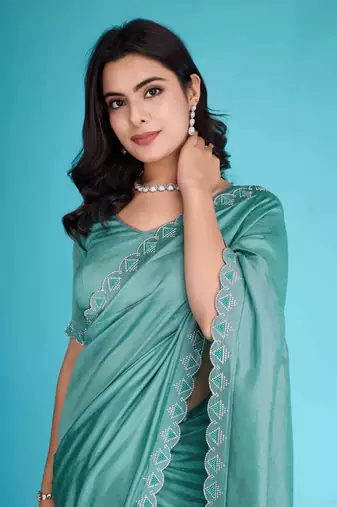 Turquoise Chiffon Beads& Stone Saree With Unstitched Blouse Piece