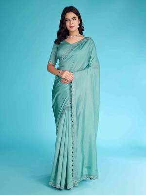 Turquoise Chiffon Beads& Stone Saree With Unstitched Blouse Piece 4