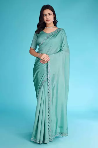 Turquoise Chiffon Beads& Stone Saree With Unstitched Blouse Piece
