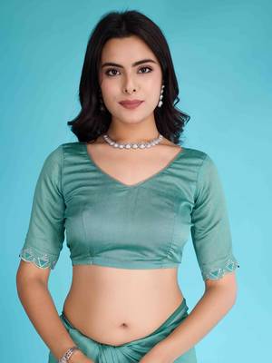Turquoise Chiffon Beads& Stone Saree With Unstitched Blouse Piece 5