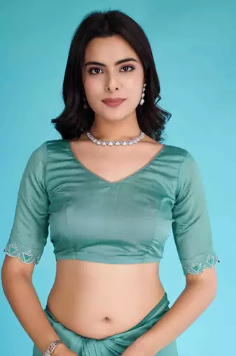 Turquoise Chiffon Beads& Stone Saree With Unstitched Blouse Piece