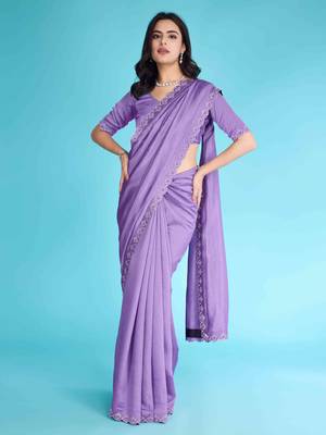 Lavender Chiffon Beads& Stone Saree With Unstitched Blouse Piece 1