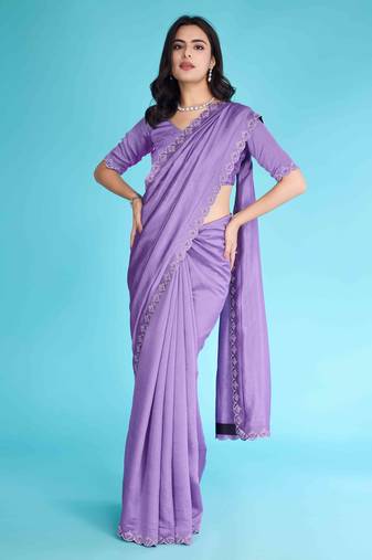 Lavender Chiffon Beads& Stone Saree With Unstitched Blouse Piece