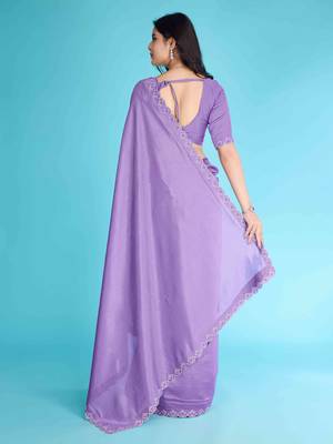Lavender Chiffon Beads& Stone Saree With Unstitched Blouse Piece 2