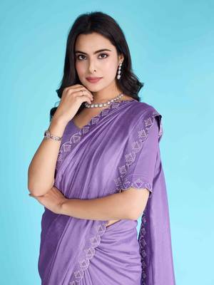 Lavender Chiffon Beads& Stone Saree With Unstitched Blouse Piece 3