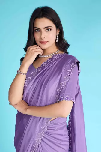 Lavender Chiffon Beads& Stone Saree With Unstitched Blouse Piece