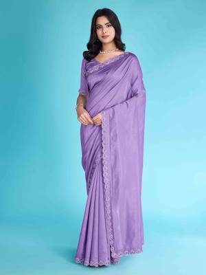 Lavender Chiffon Beads& Stone Saree With Unstitched Blouse Piece 4