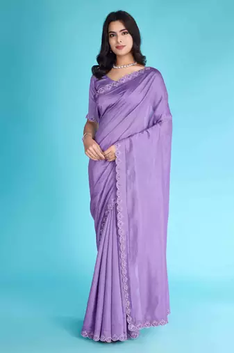 Lavender Chiffon Beads& Stone Saree With Unstitched Blouse Piece