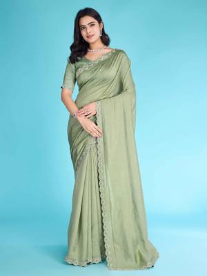 Pista Chiffon Beads& Stone Saree With Unstitched Blouse Piece 1