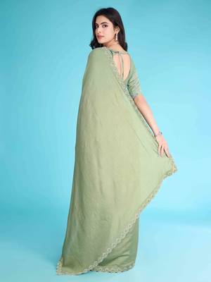 Pista Chiffon Beads& Stone Saree With Unstitched Blouse Piece 2