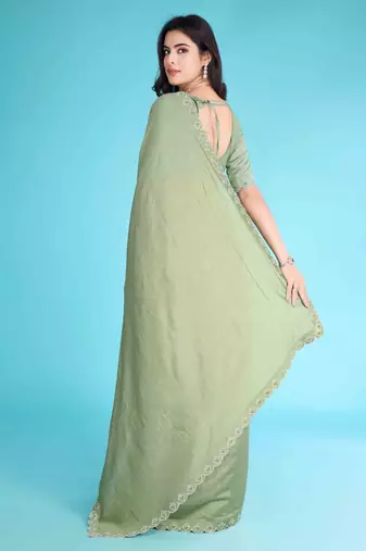 Pista Chiffon Beads& Stone Saree With Unstitched Blouse Piece