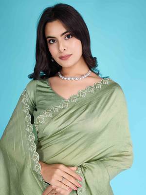 Pista Chiffon Beads& Stone Saree With Unstitched Blouse Piece 3
