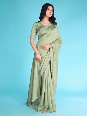 Pista Chiffon Beads& Stone Saree With Unstitched Blouse Piece 4