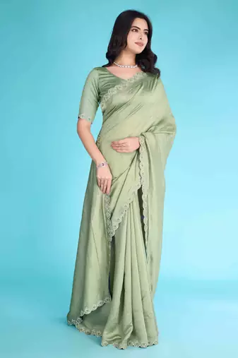 Pista Chiffon Beads& Stone Saree With Unstitched Blouse Piece