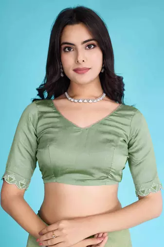Pista Chiffon Beads& Stone Saree With Unstitched Blouse Piece