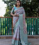 Sea green wevon designer,digital printed pashmina saree with blouse piece