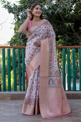 Peach wevon designer,digital printed pashmina saree with blouse piece