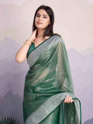 Green Net Twill Shimmer Swarovski Work Saree With Unstitched Blouse Piece 1
