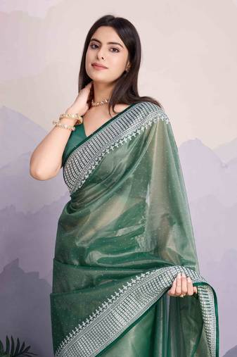 Green Net Twill Shimmer Swarovski Work Saree With Unstitched Blouse Piece
