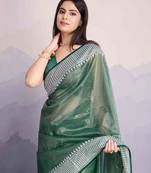 Green Net Twill Shimmer Swarovski Work Saree With Unstitched Blouse Piece