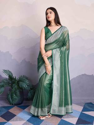 Green Net Twill Shimmer Swarovski Work Saree With Unstitched Blouse Piece 2