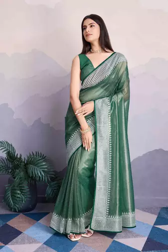 Green Net Twill Shimmer Swarovski Work Saree With Unstitched Blouse Piece