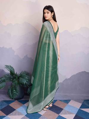 Green Net Twill Shimmer Swarovski Work Saree With Unstitched Blouse Piece 3