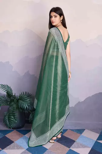 Green Net Twill Shimmer Swarovski Work Saree With Unstitched Blouse Piece