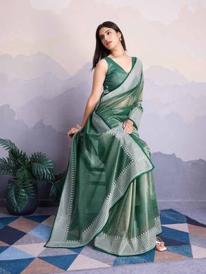 Green Net Twill Shimmer Swarovski Work Saree With Unstitched Blouse Piece 4
