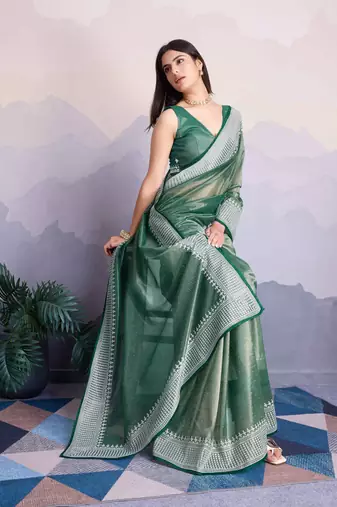 Green Net Twill Shimmer Swarovski Work Saree With Unstitched Blouse Piece
