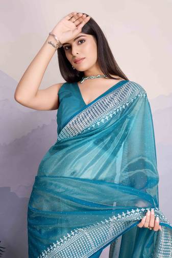 Women'S Blue Net Twill Shimmer Swarovski Work Saree With Unstitched Blouse Piece
