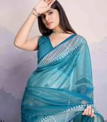 Women'S Blue Net Twill Shimmer Swarovski Work Saree With Unstitched Blouse Piece