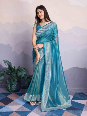 Women'S Blue Net Twill Shimmer Swarovski Work Saree With Unstitched Blouse Piece 2