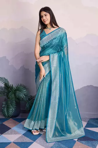 Women'S Blue Net Twill Shimmer Swarovski Work Saree With Unstitched Blouse Piece