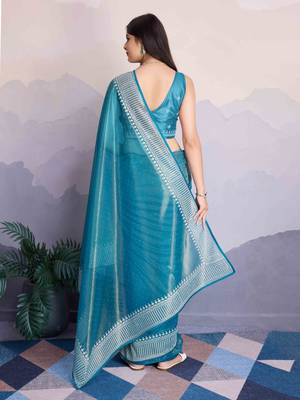 Women'S Blue Net Twill Shimmer Swarovski Work Saree With Unstitched Blouse Piece 3