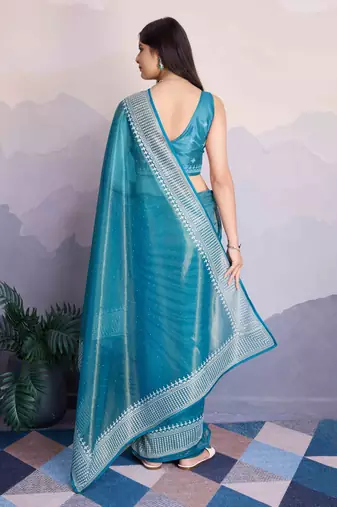 Women'S Blue Net Twill Shimmer Swarovski Work Saree With Unstitched Blouse Piece