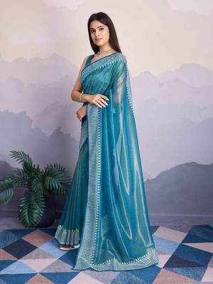 Women'S Blue Net Twill Shimmer Swarovski Work Saree With Unstitched Blouse Piece 4