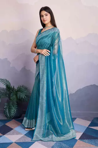 Women'S Blue Net Twill Shimmer Swarovski Work Saree With Unstitched Blouse Piece