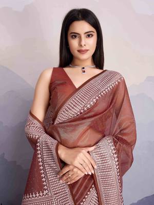 Brown Net Twill Shimmer Swarovski Work Saree With Unstitched Blouse Piece 1