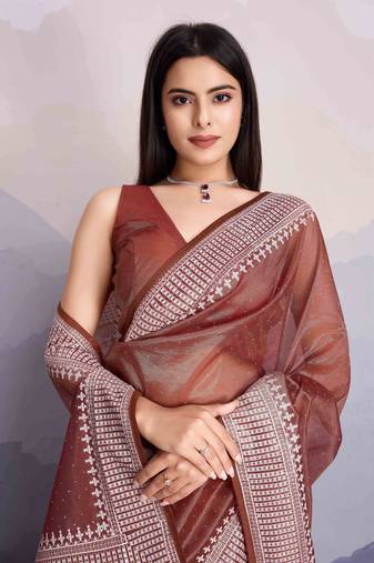 Brown Net Twill Shimmer Swarovski Work Saree With Unstitched Blouse Piece