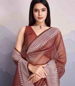 Brown Net Twill Shimmer Swarovski Work Saree With Unstitched Blouse Piece