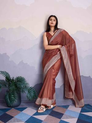 Brown Net Twill Shimmer Swarovski Work Saree With Unstitched Blouse Piece 2