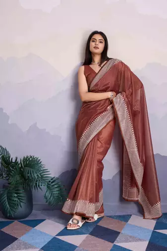 Brown Net Twill Shimmer Swarovski Work Saree With Unstitched Blouse Piece