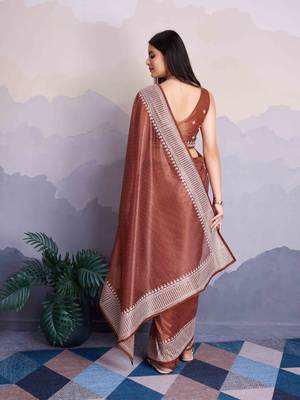 Brown Net Twill Shimmer Swarovski Work Saree With Unstitched Blouse Piece 3