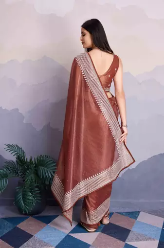 Brown Net Twill Shimmer Swarovski Work Saree With Unstitched Blouse Piece
