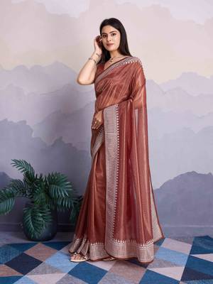 Brown Net Twill Shimmer Swarovski Work Saree With Unstitched Blouse Piece 4