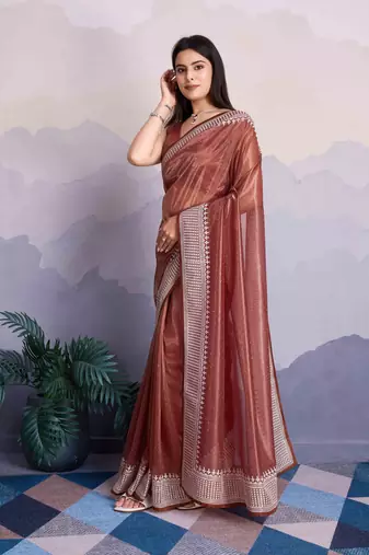 Brown Net Twill Shimmer Swarovski Work Saree With Unstitched Blouse Piece