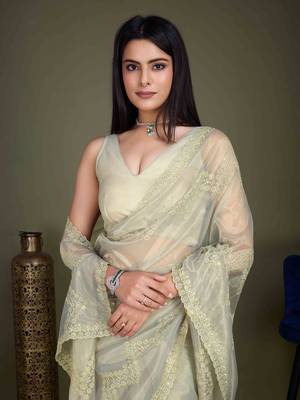 Women'S Pista Net Twill Shimmer Embroidered Saree With Unstitched Blouse Piece 1