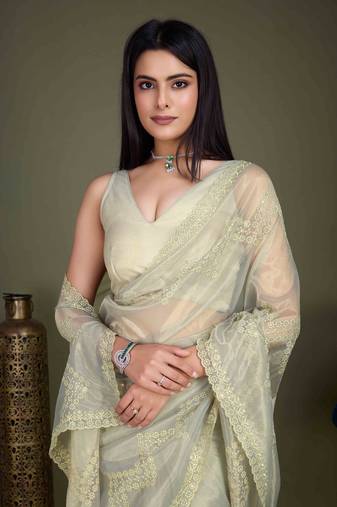 Women'S Pista Net Twill Shimmer Embroidered Saree With Unstitched Blouse Piece