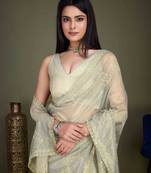 Women'S Pista Net Twill Shimmer Embroidered Saree With Unstitched Blouse Piece